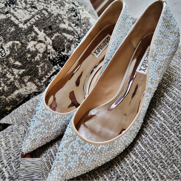 #NEW #Badgley Mischka Madison Kitten Heel Ivory Satin Gem #Pumps Sz 8.5M w Pouch - Picture 4 of 12